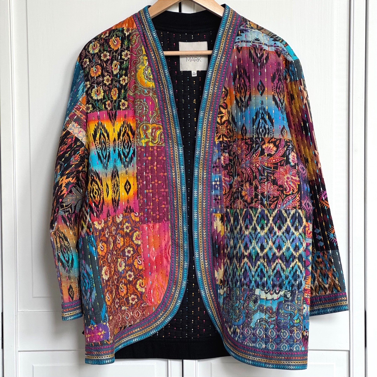 John Mark Womens Patchwork Kantha Quilted Open Front Kimono Jacket L Boho